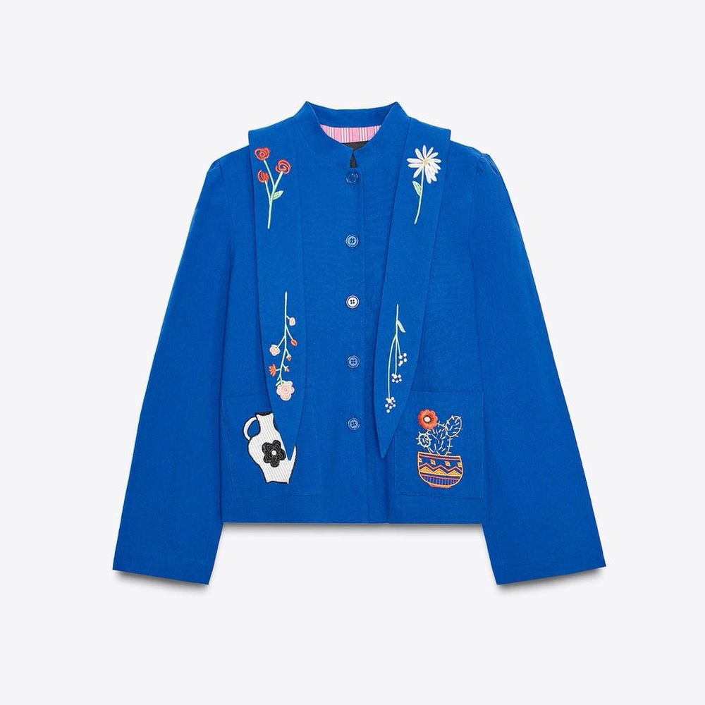 Zara Embroidered Royal Blue Women's Button-Up Blazer jacket